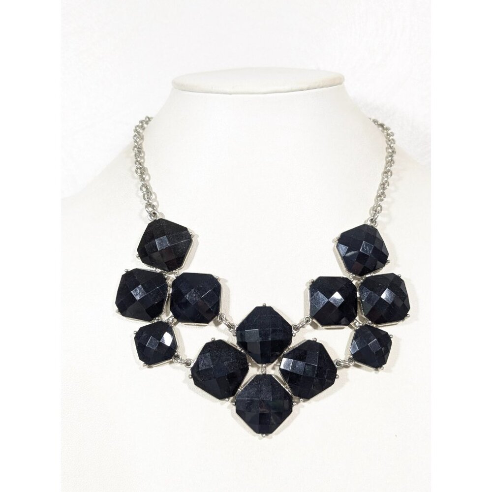 NYC Silver‎ Tone Black Square Faceted Cabochon Statement Necklace Bold 19 in